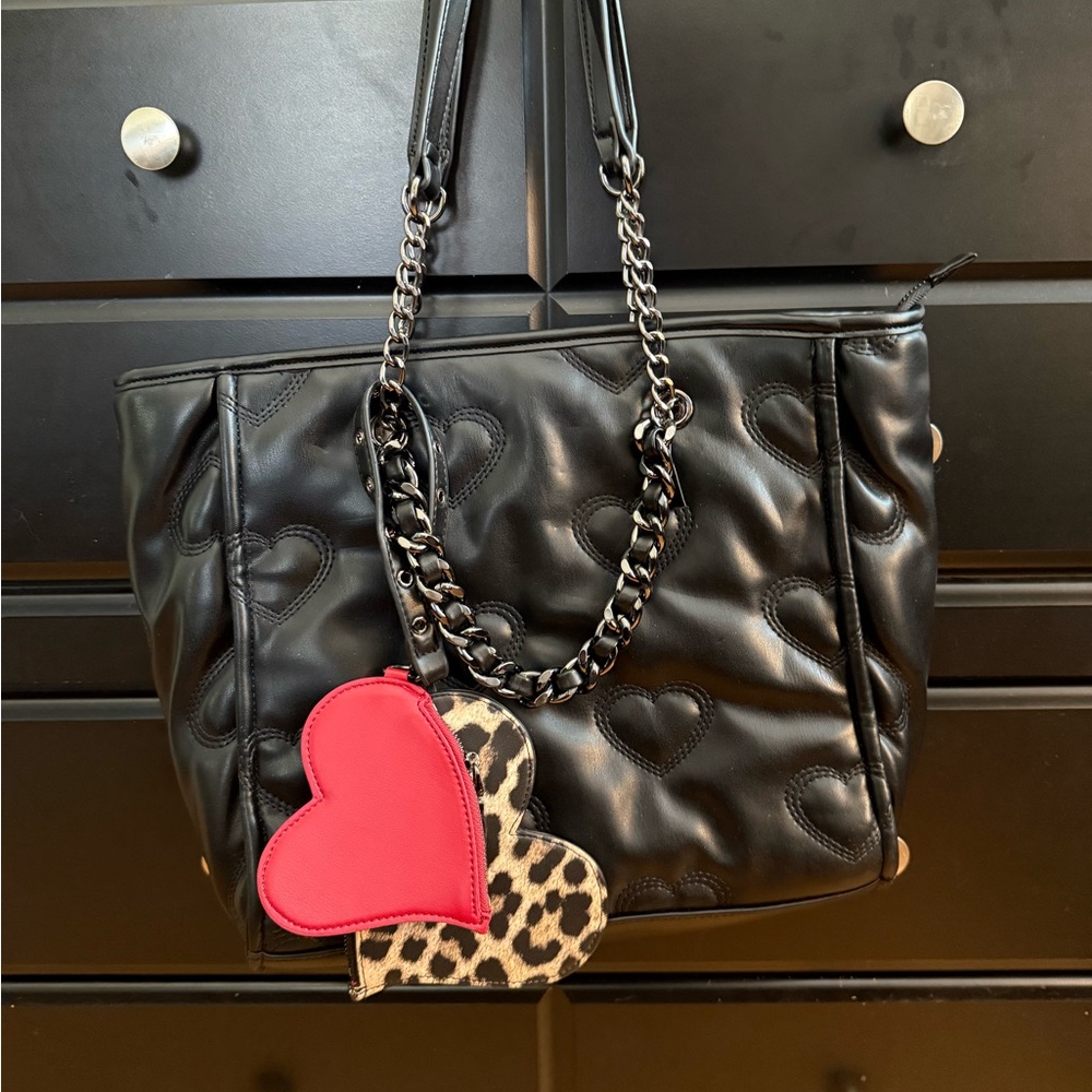 Betsey Johnson Black Heart Tote with Chain and Red Accent